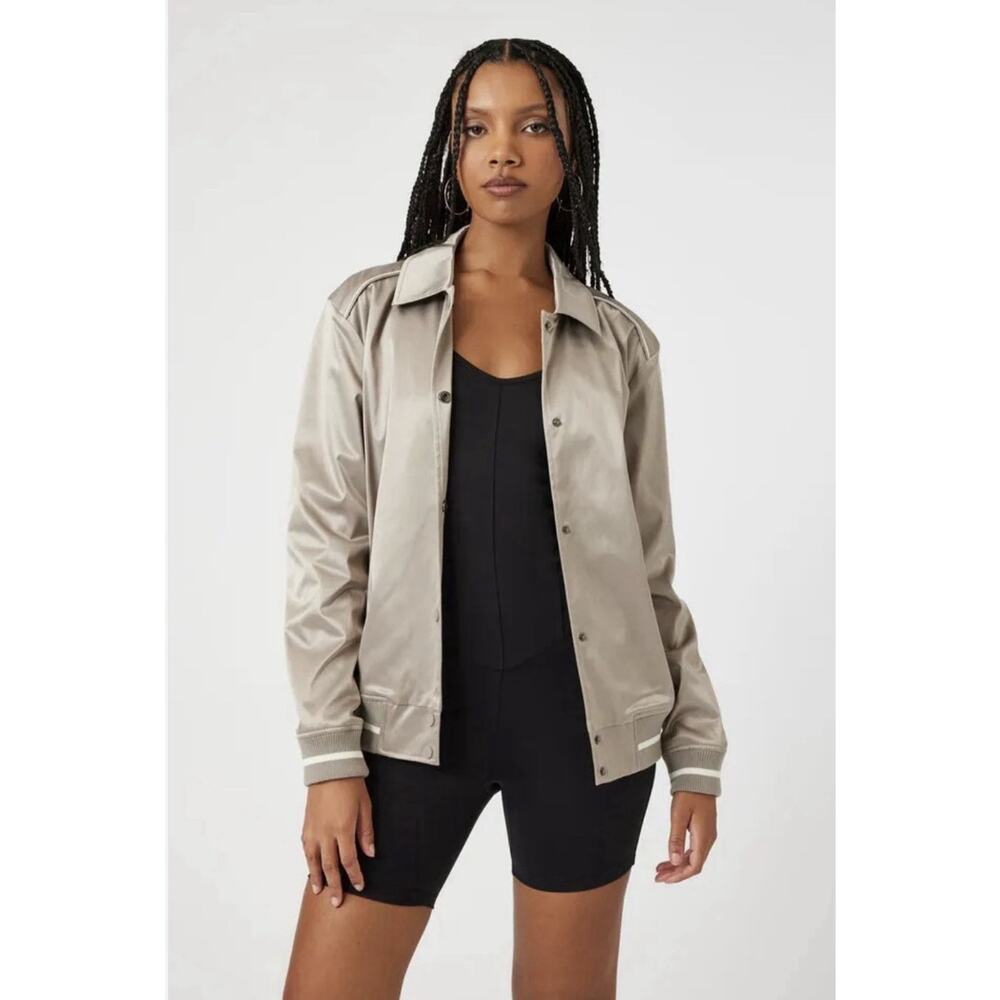 Forever 21 Taupe Tan Satin Varsity Stripe Bomber Jacket Sz L NWT Snap Front